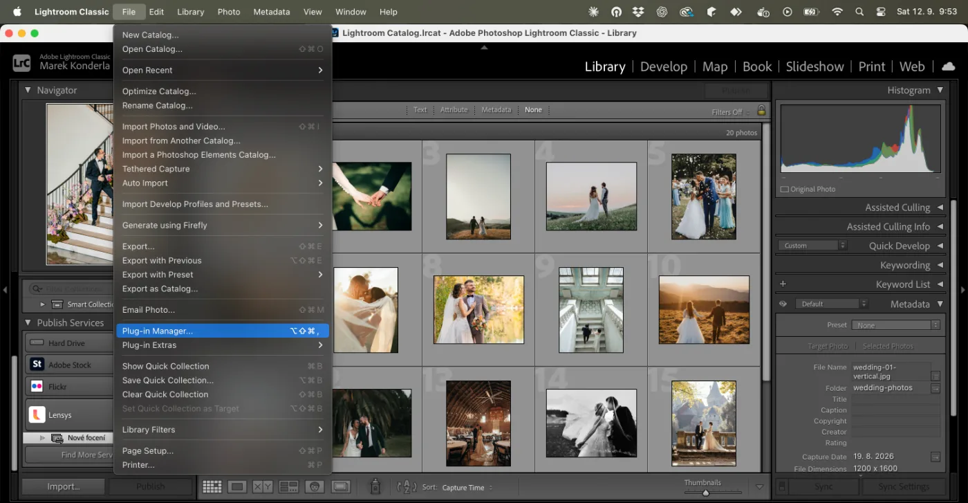 Nabídka Soubor v Lightroom Classic s vybranou položkou Správce zásuvných modulů