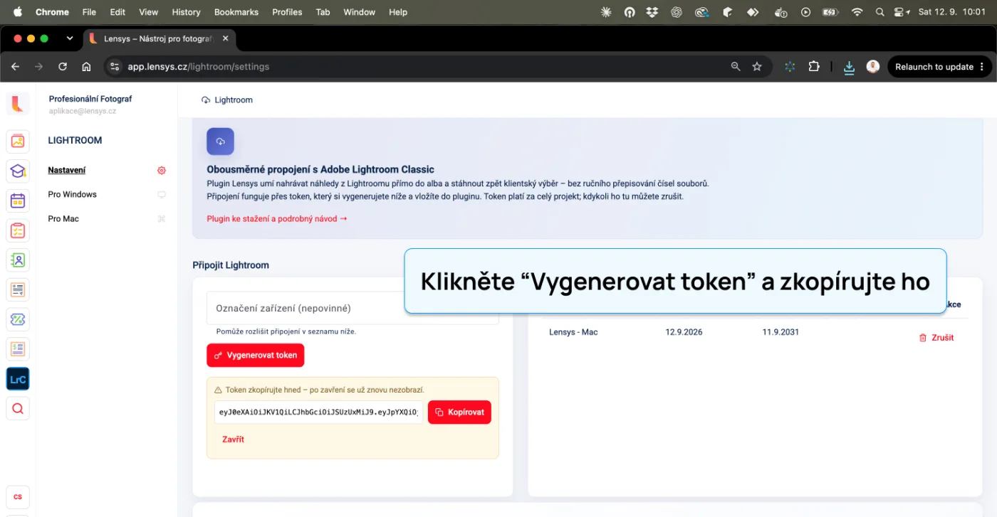 Nastavení Lightroom v aplikaci Lensys s tlačítkem Vygenerovat token