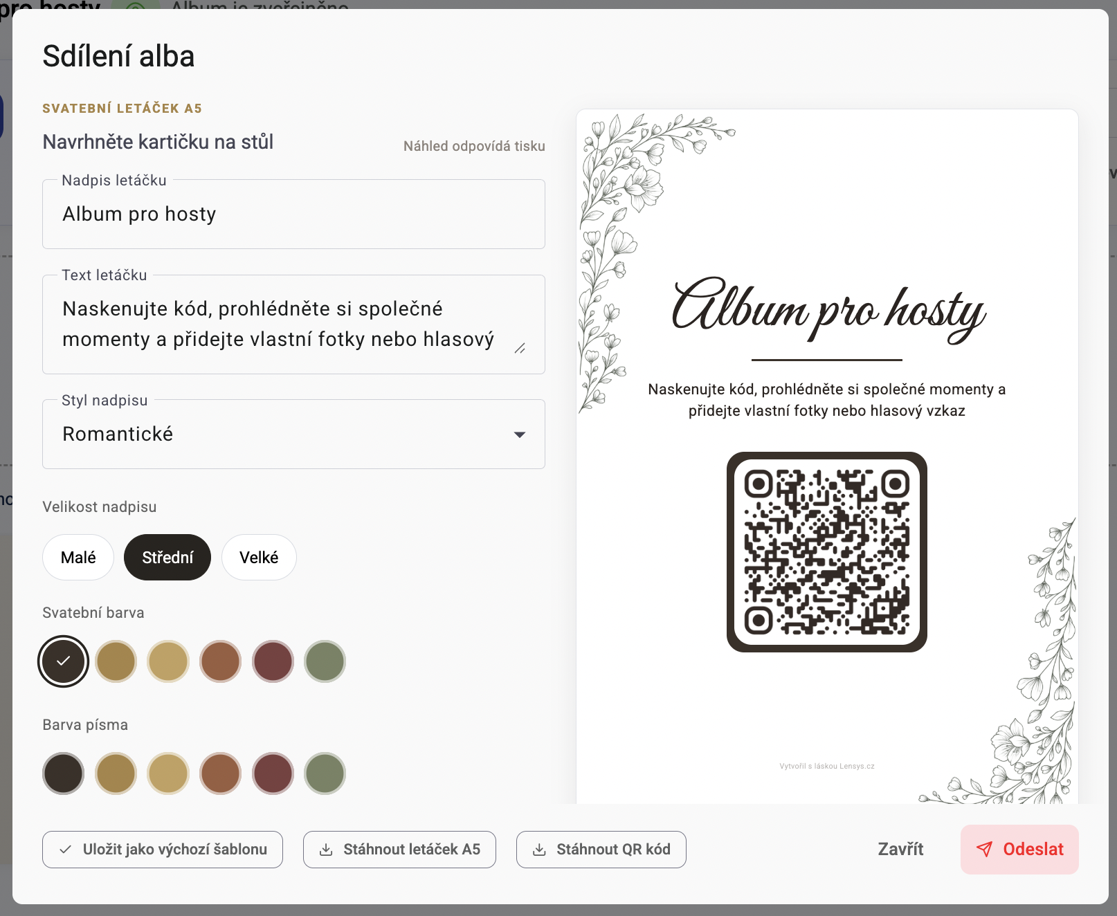 Konfigurátor svatebního QR letáčku v Lensysu s náhledem tisknutelné kartičky