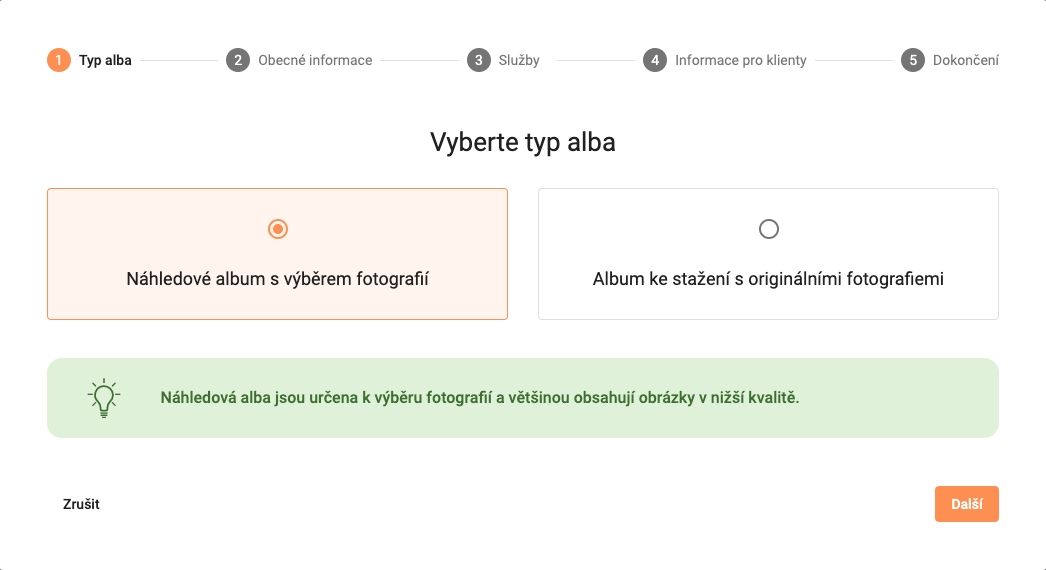 První krok průvodce vytvořením alba - Lensys.cz