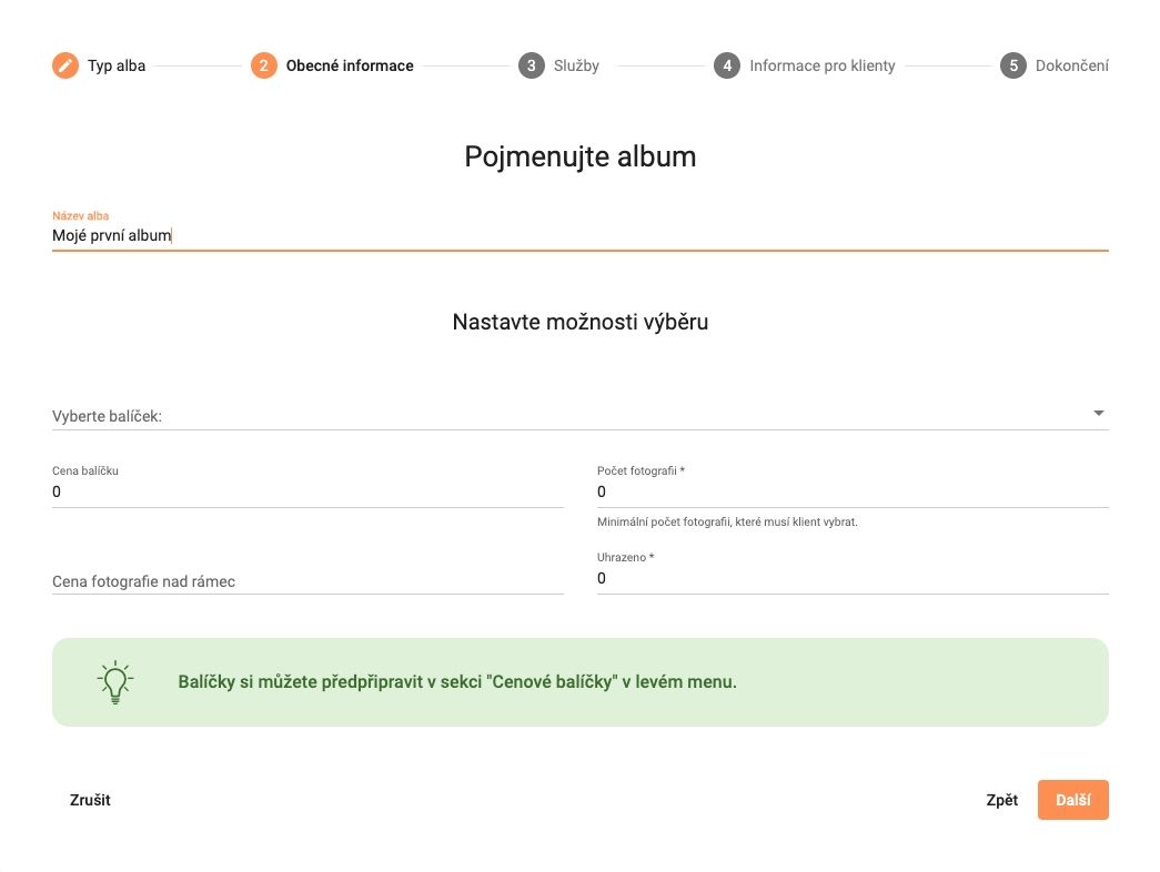 Druhý krok průvodce vytvořením alba - Lensys.cz