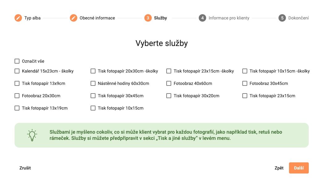 Třetí krok průvodce vytvořením alba - Lensys.cz